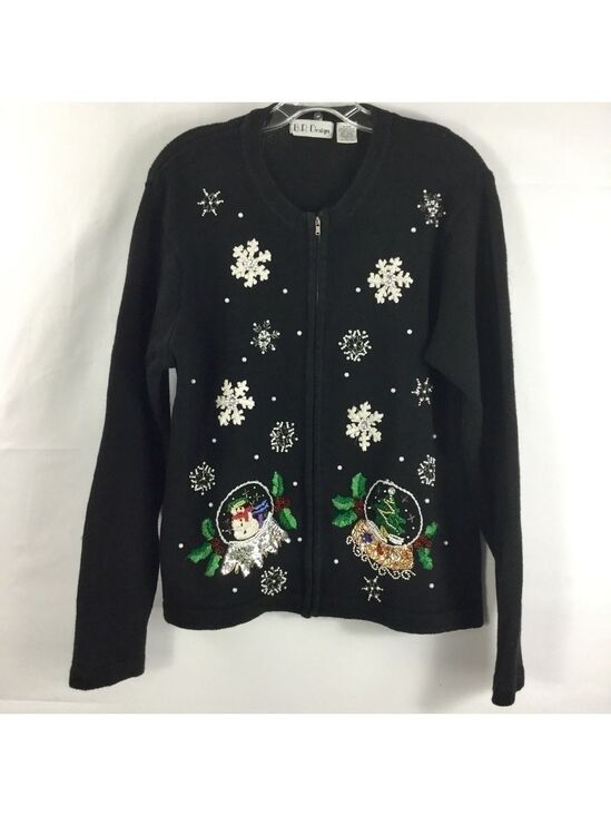 Vintage Sweaters - Vintage B.P. Design Beaded Snowy Christmas Snow Globe Zip Front Cardigan Size L